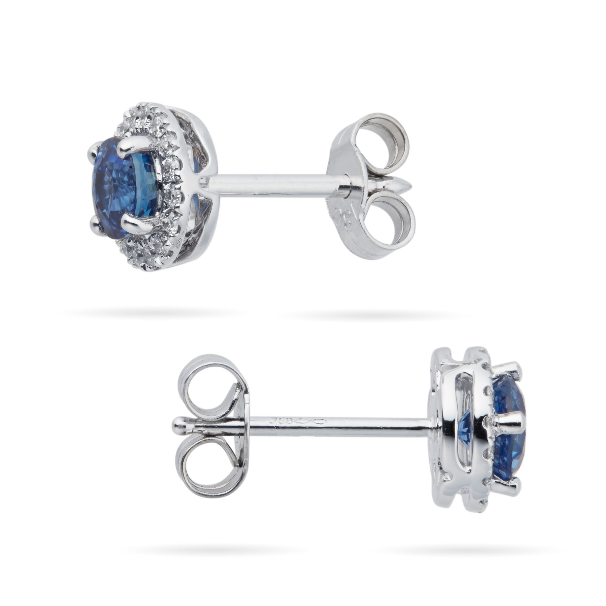 14k White Gold .90tgw Blue Sapphire and .14tdw Diamond Halo Stud Earrings |  Dunkin's Diamonds